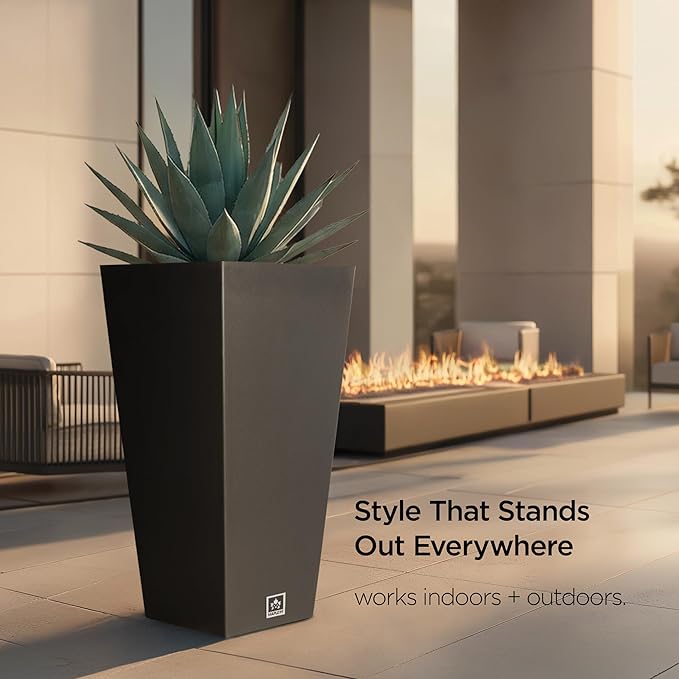Outdoor Planter 30 Inch – Large Tall Planters for Outdoor and Indoor Plants, Modern Tapered Design, Weather Resistant with Drainage Holes and Removable Insert Tray