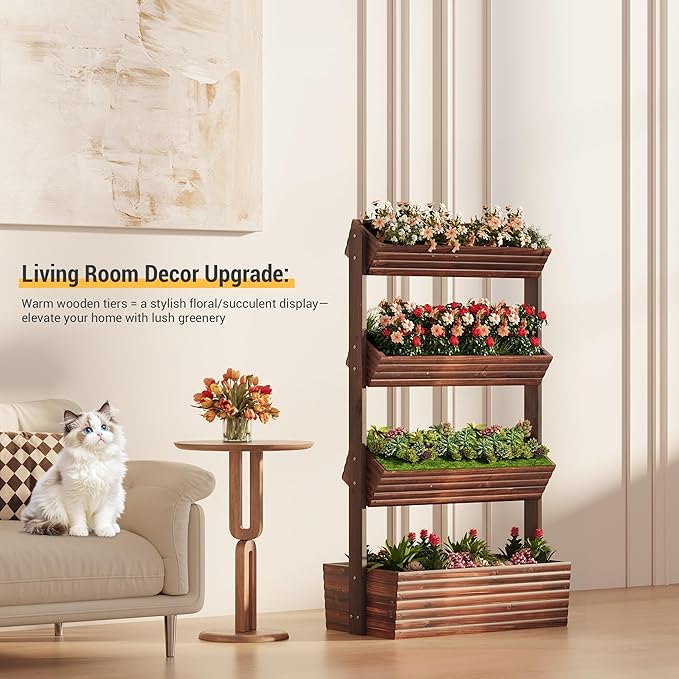 Vertical Wooden Raised Garden Bed Planters Wood Planter Kit Plant Stand Flower Rack Planter Box Gardening Plants Herbs Flowers Vegetables Outdoor Indoor Freestanding (Carbonized 4-Tier)