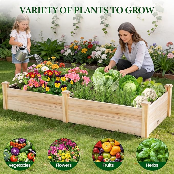 MIXC 8×2ft Wooden Horticulture Raised Garden Bed Divisible Elevated Planting Planter Box for Flowers/Vegetables/Herbs in Backyard/Patio Outdoor, Natural Wood