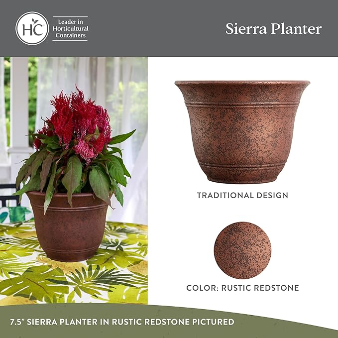 The HC Companies Sierra Round Self-Watering Pot - Lightweight Plastic Planter for Herbs & More - Durable Plant Pots for Indoor Plants & Outdoor Plants (7.5” Rustic Redstone, Pack of 1)