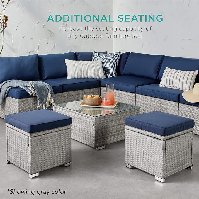 Best Choice Products Set of 2 Wicker Ottomans, Multipurpose Outdoor Furniture for Patio, Backyard, Additional Seating, Footrest, Side Table w/Storage, Removable Cushions - Black/Black