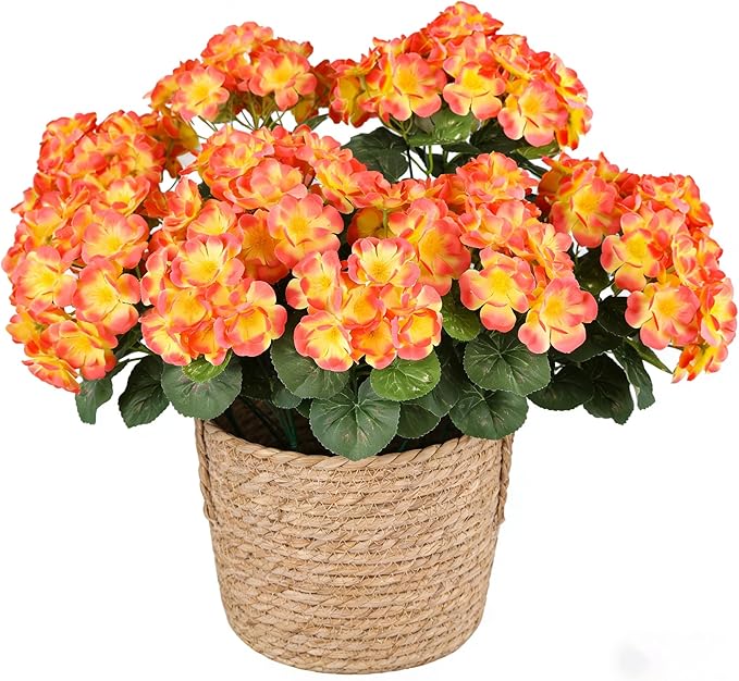 Artificial Fall Flowers for Outdoors, 6 Bundles Realistic Silk Fake Geraniums, No Fade Autumn Faux Plants for Hanging Baskets, Window Boxes, Planters - Porch, Patio, Garden Decor(Sunset)
