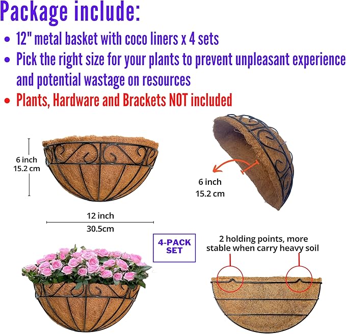 LaLaGreen Wall Hanging Planters, 4 Pack, 12 Inch Balcony Flower Baskets with Coco Liner Outside, Outdoor Vertical Garden, Fence Pots Holder Half Round Semi Circle Rail Railing Deck Porch Balcony Patio