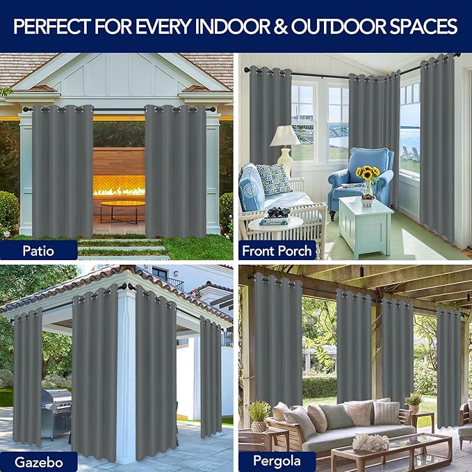 PureFit Outdoor Curtains for Patio Waterproof Weatherproof, UV Resistant Outside Curtains for Gazebo, Front Porch, Pergola, Sun Blocking Privacy Curtain, 52W x 108L inch, 1 Panel, Gray