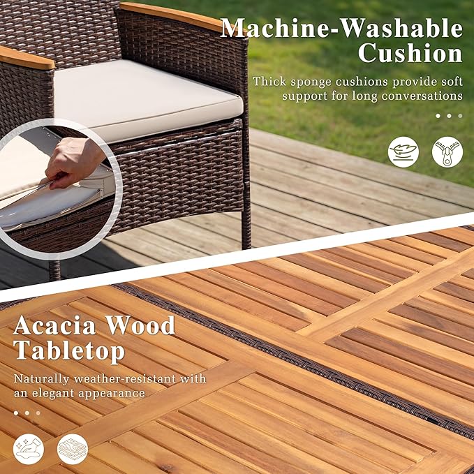 Devoko Outdoor Patio Dining Sets 9 Pieces Wicker Outdoor Dining Table and Chairs Set with Acacia Wood Table Top and Widened Armrests for Backyard, Garden, Deck (Brown)