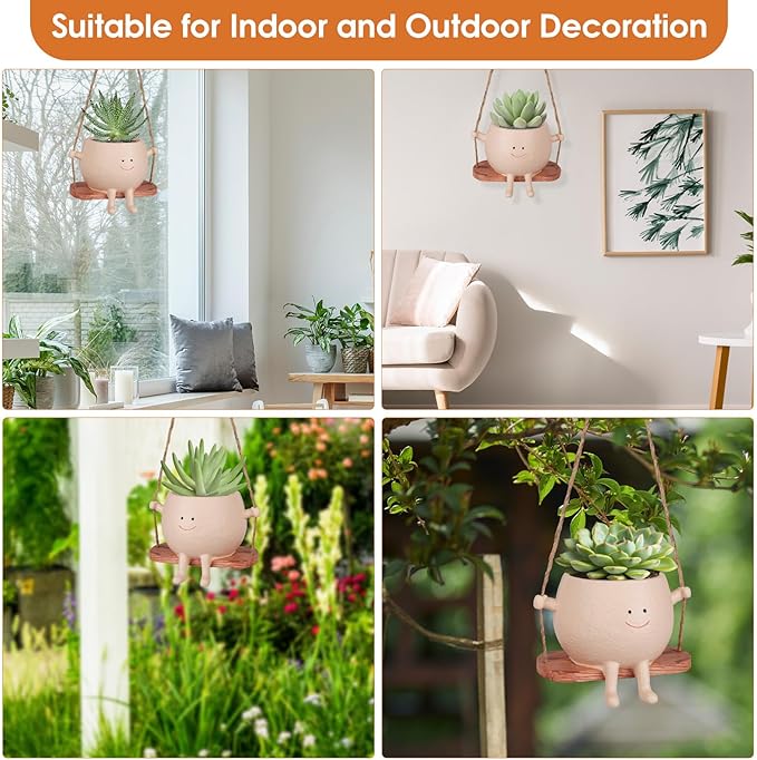 AFFLAT Smiley Face Flower Pot,Swinging Hanging Planter,Resin Smiley Face Hanging Pot,Cute Swinging Planter with Unique Design,Suitable for Indoor & Outdoor Decoration,an Ideal Gift for Festivals