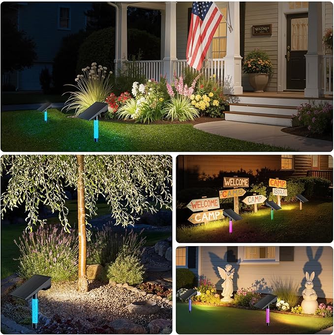 intelamp Solar Spot Lights Outdoor Waterproof, 4000mAh RGB LED Landscape Lights Warm White 3 Lighting Colors, IP65 Waterproof for Yard Driveway Tree Flag Garden Patio Outside Decor with Remote