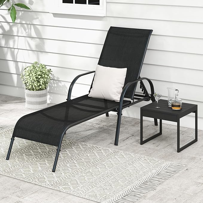 Giantex Patio Lounge Chair, Outdoor Chaise Lounge with 5 Adjustable Backrest, Sturdy Steel Frame, Sunbathing Recliner, Beach Chair, Tanning Chair for Outside, Yard, Balcony, Pool Chairs, Black