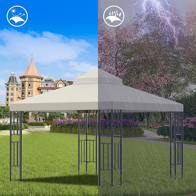 Sumfaller 10x10 FT Gazebo Replacement Canopy Top Cover Double Tiered Canopy Top Cover for Patio Garden Outdoor BBQ Roof Cover Grill Shelter (Beige)