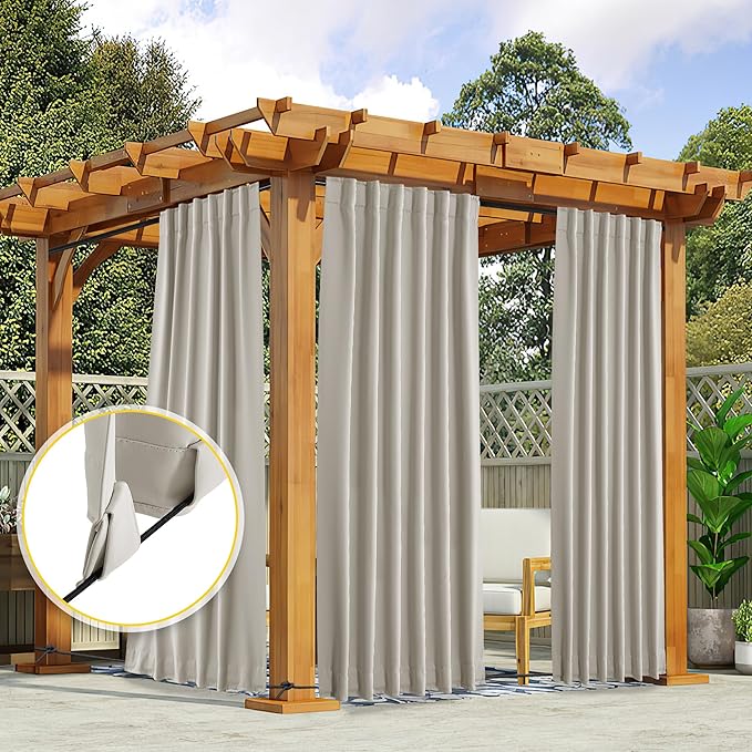 NICETOWN 2 Panels Privacy Outdoor Curtains for Patio Waterproof, Thermal Insulated Windproof Pocket & Back Tab on Top and Bottom Light & Cold Blocking Drapes with Fixed Rope for Porch, W52 x L108