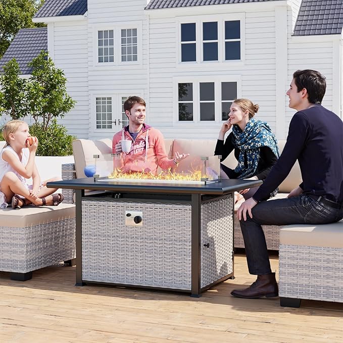 7-Piece Outdoor Patio Furniture Set with 55,000 BTU Fire Pit Table, PE Wicker Rattan Sectional Sofa Patio Conversation Set with Thickened Cushions & Coffee Table, Red