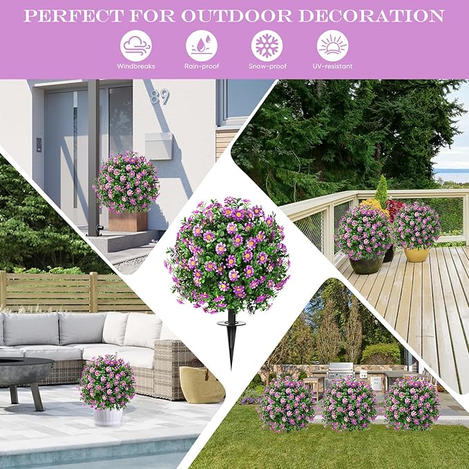 Artificial Topiary Bushes for Outdoors with Spike, Boxwood Ball Fake Shrubs UV Resistant Faux Plants for Indoor Outdoor Fall Thanksgiving Halloween Decor (Sunflower Boxwood Purple -2 Packs)