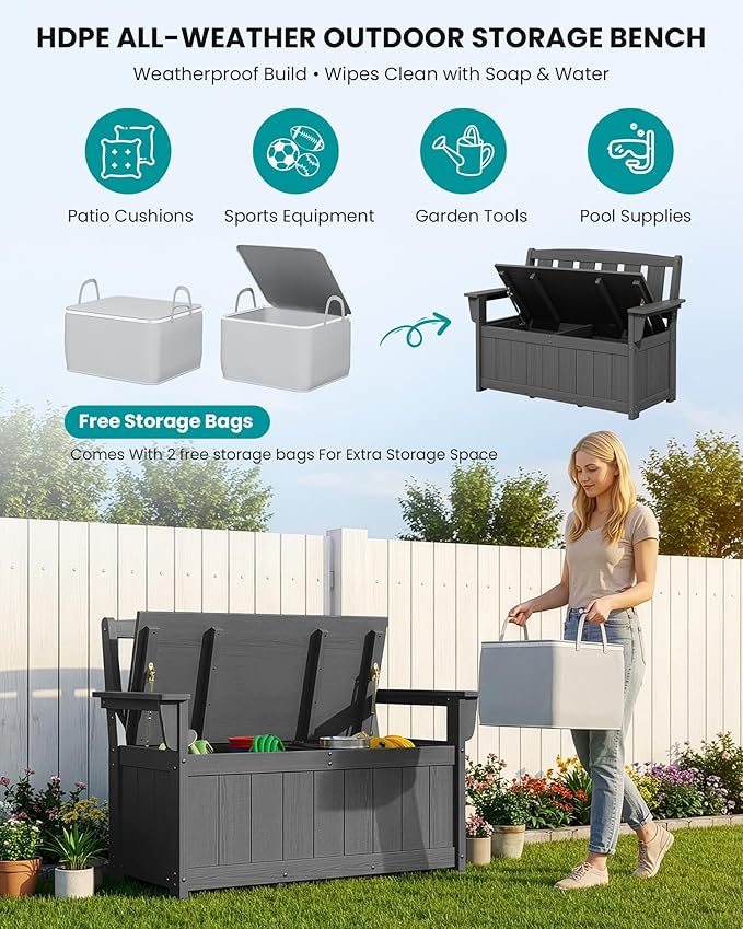 SERWALL HDPE Outdoor Storage Bench, All-Weather, UV-Resistant Deck Box with Waterproof Storage Bags, 57 Gallon Dual-Use Seat & Organizer Deck Boxes for Patio, Garden Tools & Pool (Gray)