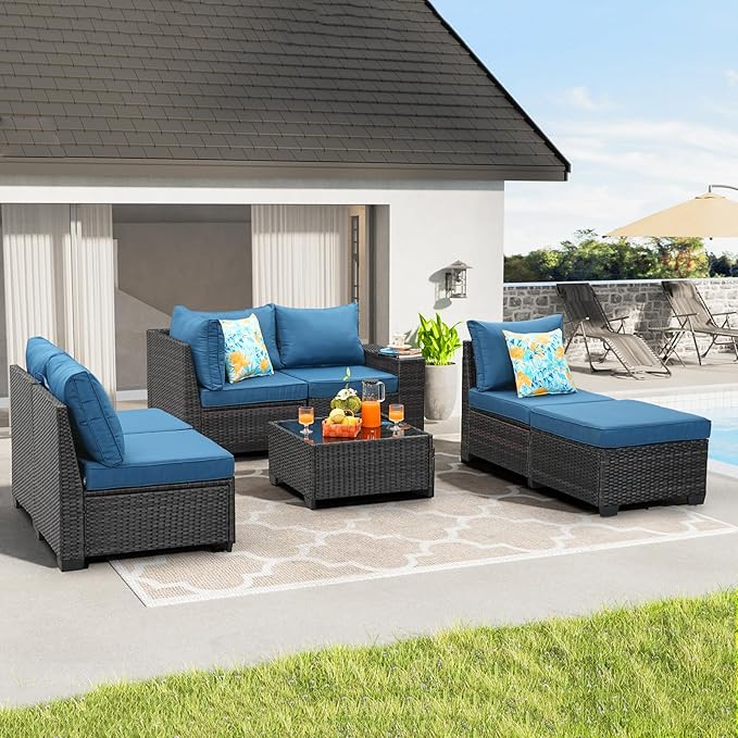7 Pieces Patio Furniture Set All-Weather Outdoor Wicker Sectional Conversation Sofa Rattan Patio Seating Sofa with Cushion and Glass Table for Porch Poolside,Peacock Blue