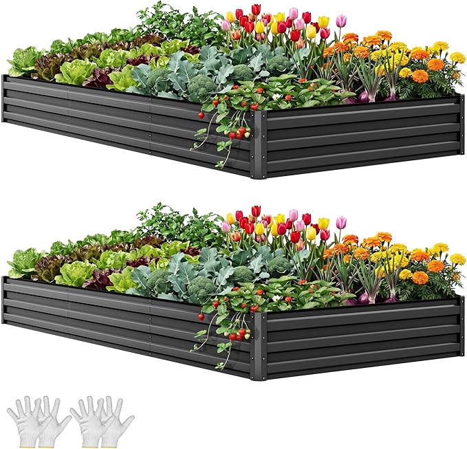 YITAHOME 8x4x1ft 2pcs Large Raised Garden Bed Kit, Galvanized Metal Planter Box with Gloves, Ground Nails & Safety Rubber, Outdoor Above Ground Planters for Plants Vegetables Flowers, Black