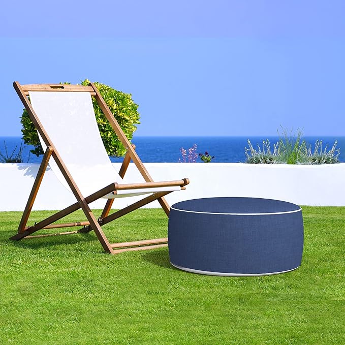 LVTXIII Outdoor/Indoor Inflatable Ottoman, All Weather Water-Repellent Round Footrest Stool with Handle, D21”x H9” Portable Pouf for Patio Garden Camping or Home-Navy Textured