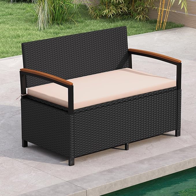 RELAX4LIFE Wicker Outdoor Storage Bench, Rattan Deck Box w/Protective Liner for Patio Furniture Pillows & Garden Tools, Porch Loveseat with Seat Cushion, Acacia Wood Armrests (Black-Beige)
