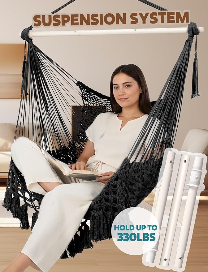Chihee Hammock Chair Super Large Soft-Spun Cotton Rope Weaving Hanging Chair, Collapsible Strong Metal Spreader Bar Wide Seat Lace Stretch Swing Chairs Indoor Outdoor Garden Yard Theme Decoration