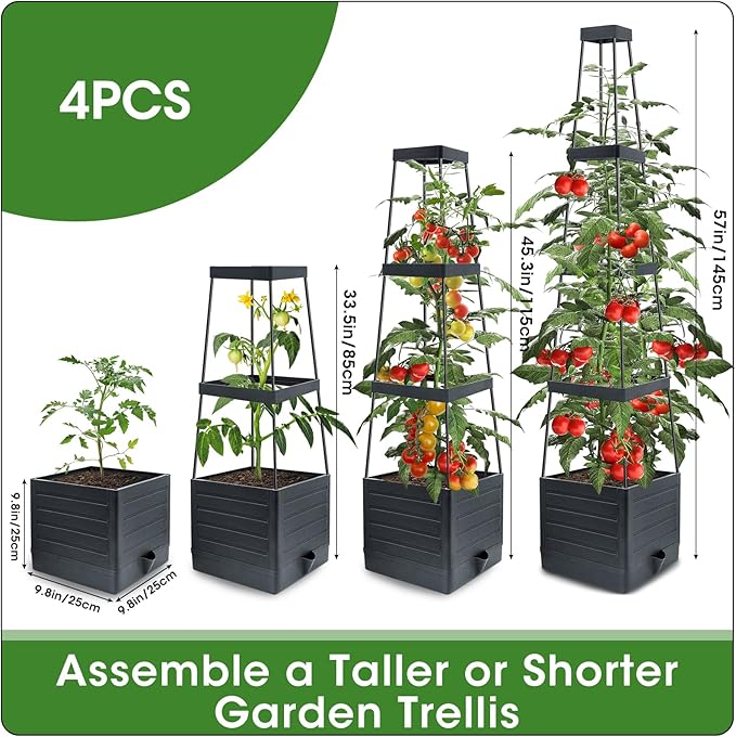 MQFORU Tomato Planter Boxes with Trellis Outdoor, 57" Self Watering Raised Garden Bed, Tall Square Planters for Indoor Plants, Large Tomato Cage for Patio, Use for Indoor Outdoor (4)
