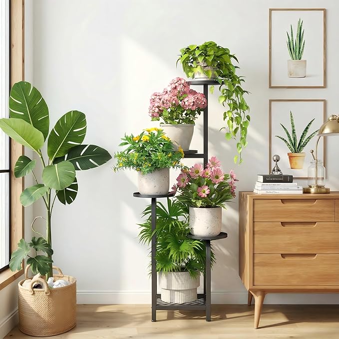 TOSKING 5 Tier Tall Plant Stand Indoor Outdoor, Heavy Duty Corner Shelf for Plants & Decor, Space Saving 3.9FT Metal Flower Pot Stand for Balcony, Garden, Living Room, Patio (Black, 47in)