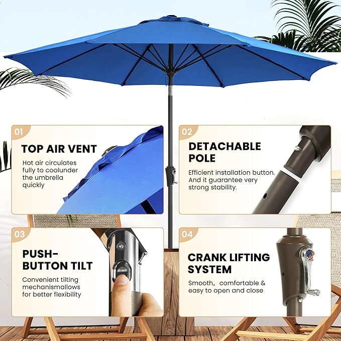 Ayge 9FT Large Outdoor Patio Umbrella Market Table Umbrella-UV Resistant, Easy Push Button Tilt and Crank, 8 Sturdy Fiberglass Ribs Heavy-Duty Pool Umbrella for Deck, Backyard,Garden,Blue