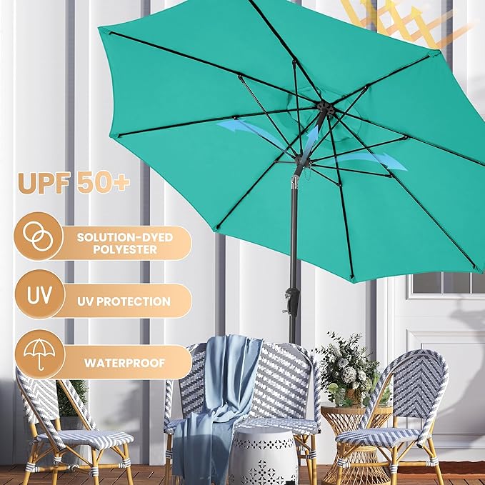 Ayge 9FT Large Outdoor Patio Umbrella Market Table Umbrella-UV Resistant, Easy Push Button Tilt and Crank, 8 Sturdy Fiberglass Ribs Heavy-Duty Pool Umbrella for Deck, Backyard,Garden,Turquoise
