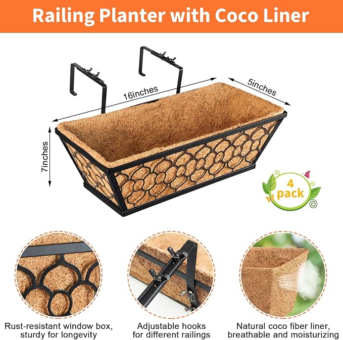 Riare 4 Pack 16 Inch Window Boxes Planters with Coco Liner, Metal Deck Railing Planter Boxes, Balcony Planters Railing Hanging, Horse Trough Window Flower Planter Boxes for Outdoor Porch Fence Patio