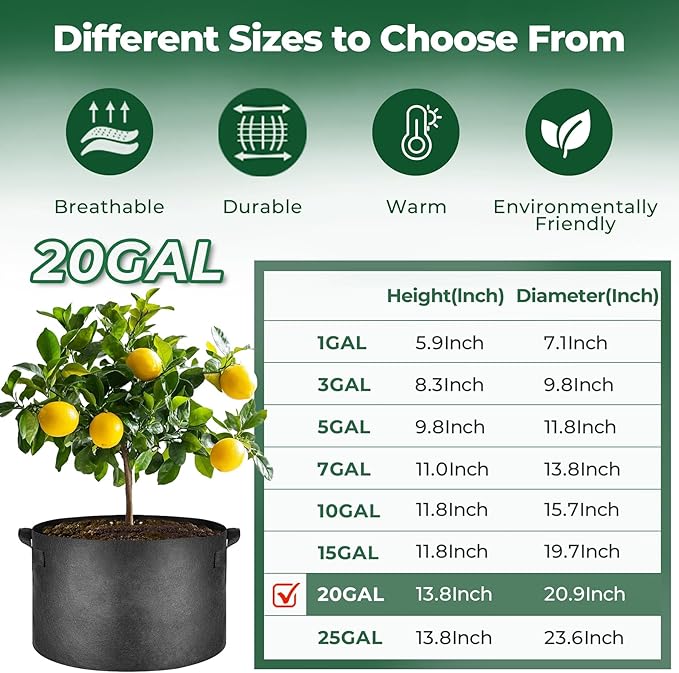 T4U 20 Gallon Grow Bags, Upgrade Fabric Grow Bags with Handles, Thickened Garden Plant Pots for Planting Vegetables, Tomato Planter, Smart Pots for Plants (5 Pack 20 Gal)