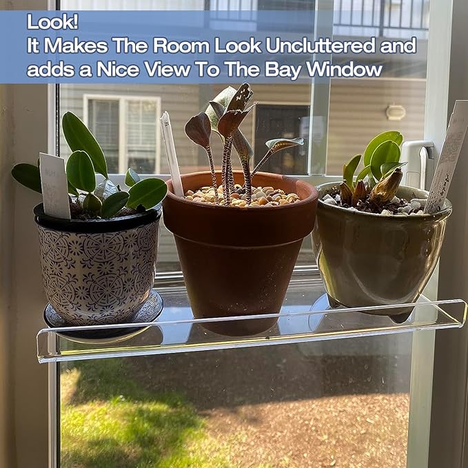 2-Pack 15 Inch Acrylic Window Boxes Plant Shelves, with Suction Cup Window Sill Extender, for Indoor/Outdoor Succulents, Micro Greens, Seed Starter Pots, Herb Planters