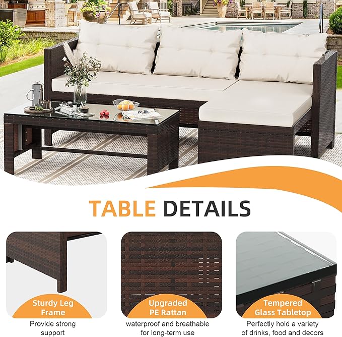 Shintenchi 3-Piece Outdoor Patio Furniture Sets, Wicker Patio Conversation Sets, All Weather Wicker Rattan Patio Seating Sofas with Glass Coffee Table and Cushion, Beige