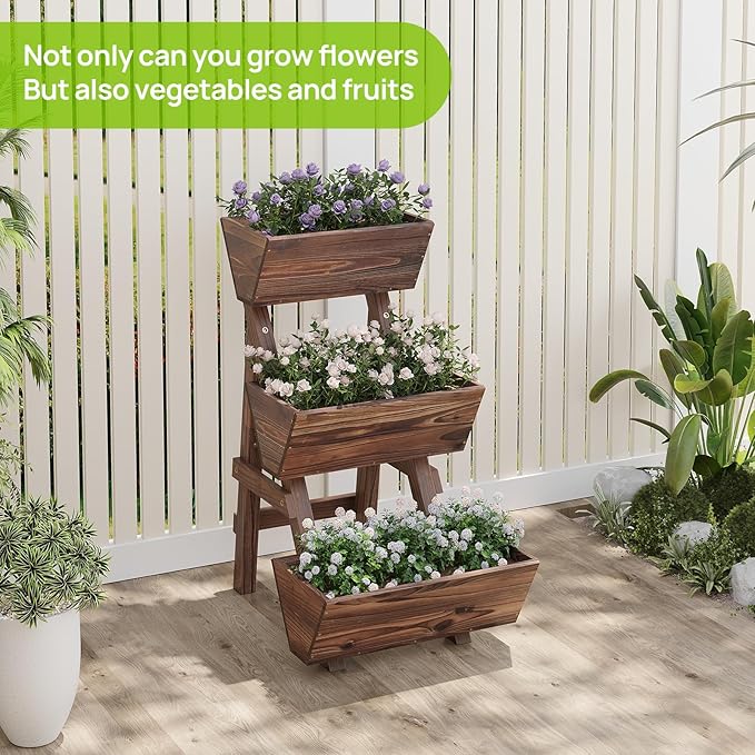 3-Tiers Wooden Raised Garden Bed Tiered Planter Box Flower Pots Vertical Garden Planter Wood Plant Stand Planter Kit for Vegetables Flowers Herbs for Patio Balcony Freestanding (Carbonized S)