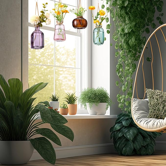 4 Pcs Stained Glass Hanging Vases Hanging Glass Planters Small Plant Terrarium Pot Containers with Rope for Garden Home Indoor Outdoor Decor, 4 Styles (Fashionable)