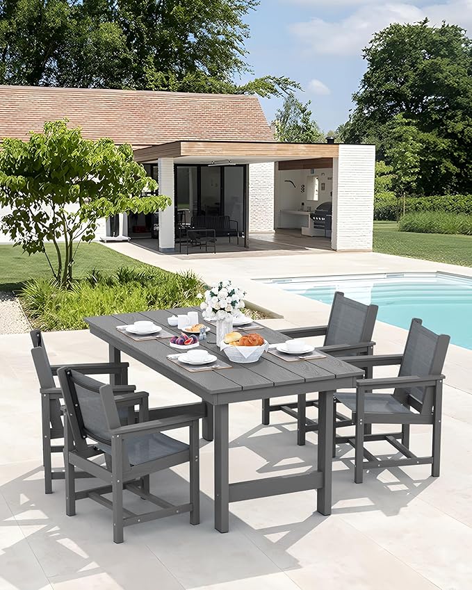 SERWALL 5 Piece Patio Dining Sets, Outdoor HDPE Dining Furniture Set with Umbrella Hole Cut-Out Table and 4 Woven Chairs, Gray