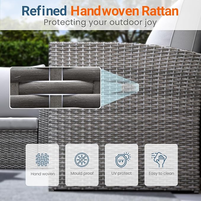Wisteria Lane 5 Piece Patio Furniture Set, Wicker Outdoor Patio Conversation Furniture Set, All Weather Outdoor Patio Sofa with Cushion and Glass Table, Grey