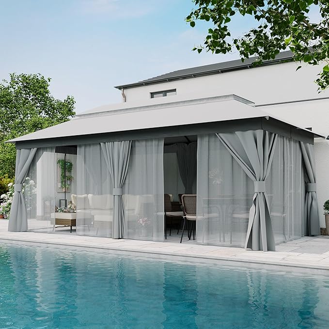 LAUSAINT HOME Semi-Permanent Outdoor Patio Gazebo 10'x20', Heavy Duty Party Tent Shelter with Double Roofs, Mosquito Nettings and Privacy Screens for Backyard, Garden, Lawn, Gray