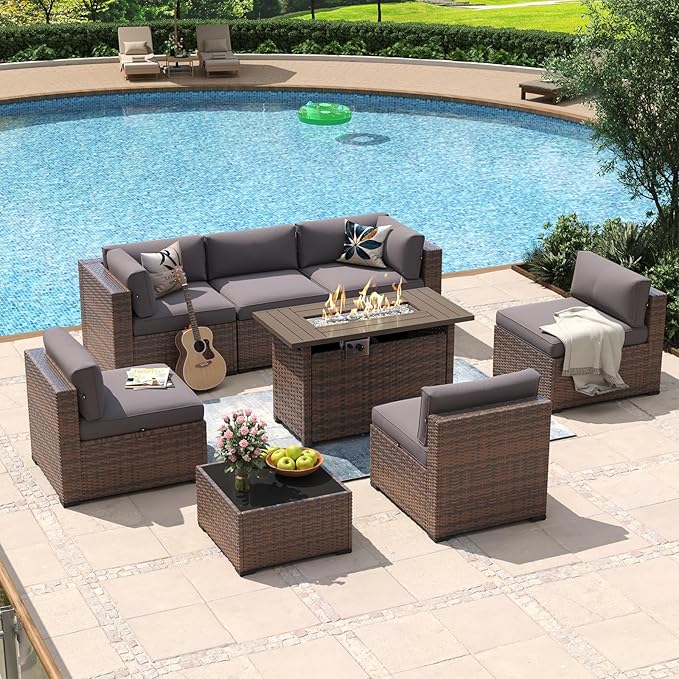 Aoxun 8 Piece Patio Furniture Set with 44” Fire Pit Table Wicker Rattan Outdoor Sectional Sofa Set with Coffee Table and Thickened Cushions, Gray (Waterproof Cover Included)