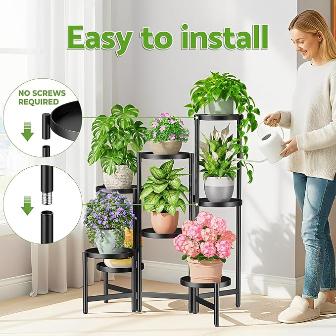 8 Tiered Plant Stand Indoor for Multiple Large Planter, Tall Heavy Duty Adjustable Folding Rack with Rustproof 7.9 Inch Wide Tray, Plant Shelf for Corner Living Room - BlackDisk