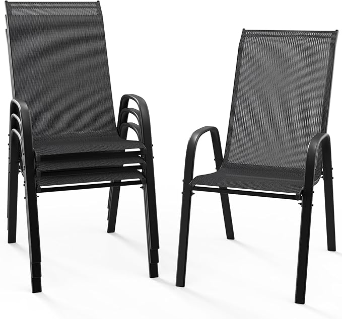 VINGLI Patio Chairs Set of 4 – Stackable Outdoor Dining Chairs with Comfortable Sling High Back Chairs and Armrests for Lawn, Poolside, Courtyard, Balcony, Garden, Black