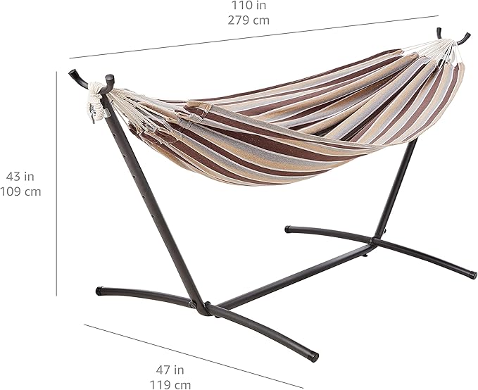 Amazon Basics Double Hammock with 9-Foot Space Saving Steel Stand and Carrying Case, 2 Person, 450 lb Capacity, Cream Wave, 110" x 47" x 43"