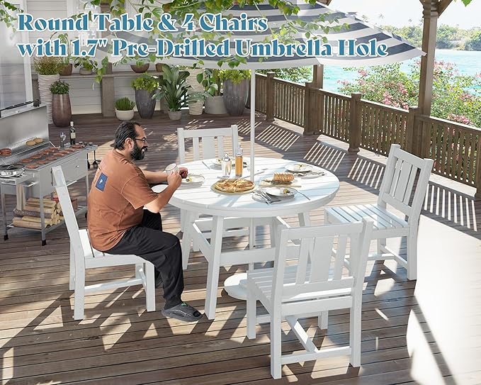AMERLIFE 5 Piece HDPE Outdoor Dining Table & Chairs Set, All-Weather Patio Table and Chairs Set Furniture with Umbrella Hole for Garden, Backyard, Poolside, Seaside, White
