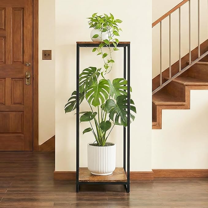 34" Tall Plant Stand Indoor, 2-Tier Modern Plant Shelf, Corner Flower Pot Holder Organizer for Living Room Balcony Patio Garden (Rustic Brown)