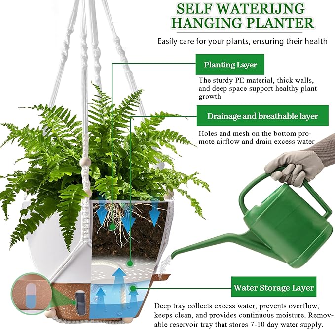 10 Inch Hanging Planters for Indoor Plants, 2 Pack Self Watering Hanging Baskets Flower Pots with Drainage Hole, Visual Reservoir & 2 Kinds of Plant Hanger for Outdoor Garden Home Decor (White)
