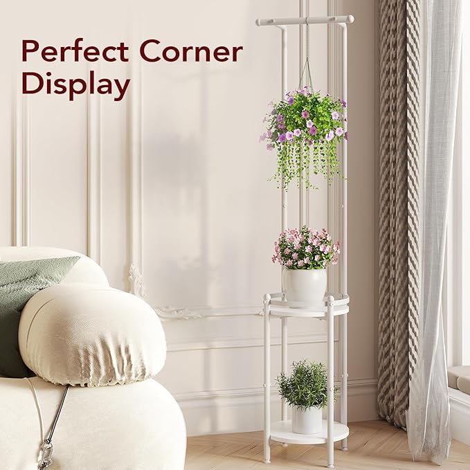 Plant Stand Indoor Outdoor - Heavy Duty Metal 2-tier Hanging Plant Holder Space-Saving Iron Plant Stands Tall Plant Shelf for Living Room Garden Balcony (White)