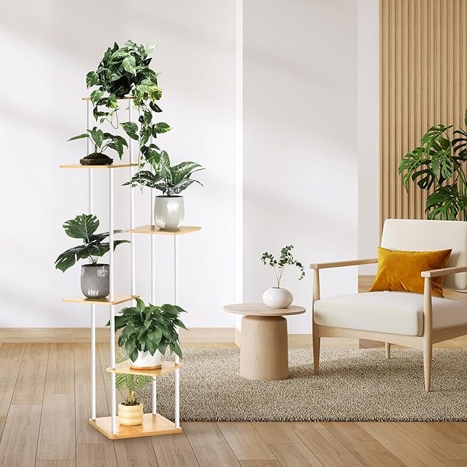 6 Tier Plant Stand Indoor Outdoor, Wood Metal Corner Shelf, Multiple Flower Pot Rack Holder Shelves, Planter Shelf Display Storage Organizer White