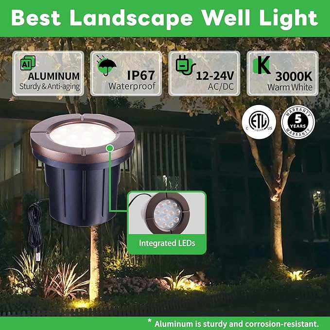 Ground Well Lights, Landscape LED Low Voltage Inground Lights, Outdoor Waterproof IP67, 12V Wired Aluminum ORB for Backyard Wall 6W 580LM 8 Pack