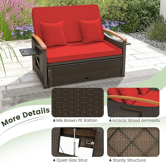 Tangkula Patio Rattan Daybed with 4-Level Adjustable Backrest, Outdoor Wicker Loveseat with Acacia Wood Armrest, Storage Ottoman & Folding Tray, Double Sunbed for Balcony, Backyard & Poolside, Red