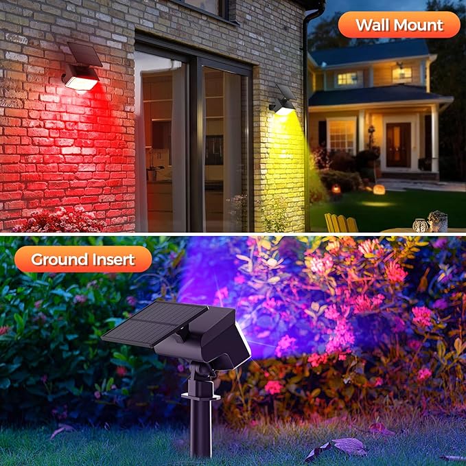 Solar Lights Outdoor Color Changing, 85 LEDs 9 Lighting Modes RGB Solar Outdoor Lights, IP67 Waterproof Multicolor Landscape Spotlights for Halloween Holiday Decorations (2 Pack)