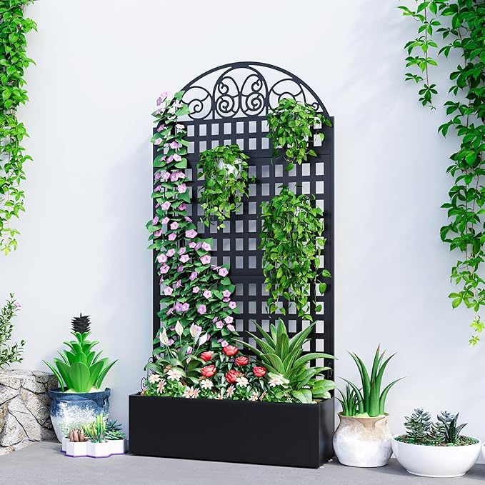 Metal Raised Garden Bed with Trellis, 79"x40"x11.8" Planter Box with Privacy Screen for Patio Deck, Freestanding Divider Fence with Drainage Holes for Climbing Plants Vines & Vegetable
