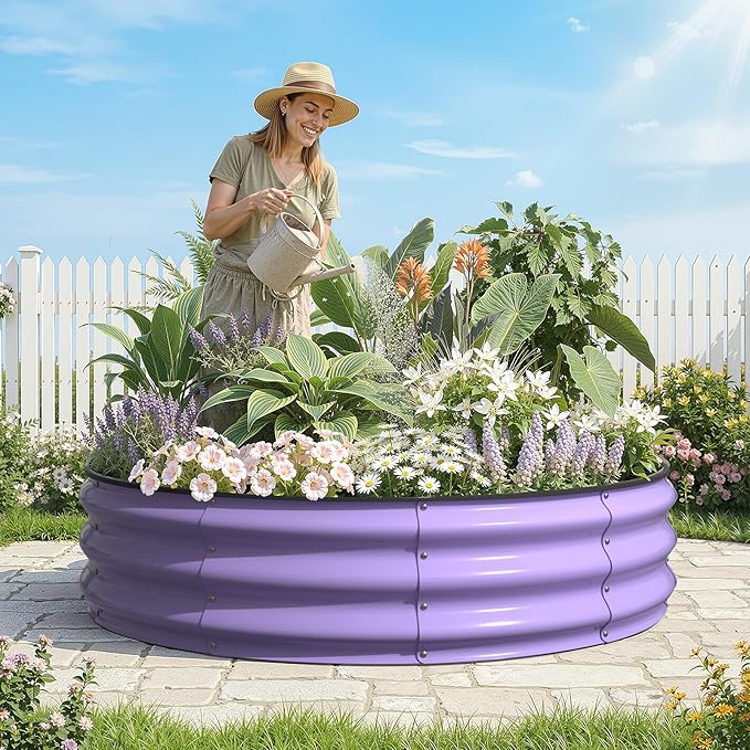 Kesfitt Round Raised Garden Bed, 4x4x1 FT Galvanized Steel Metal Garden Bed, Open-Bottom Design, 12-Inch Deep Outdoor Raised Garden Bed for Vegetables & Herbs, Lavender Purple