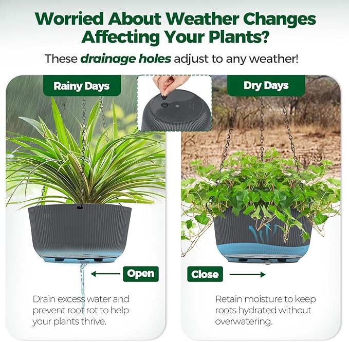 T4U 8 Inch Hanging Planters for Indoor Outdoor Plants, Self Watering Hanging Pot Pack of 2, Hanging Pots with Drainage Hole & Plug & Chain with 3 Hooks for Garden Home Decor, Grey
